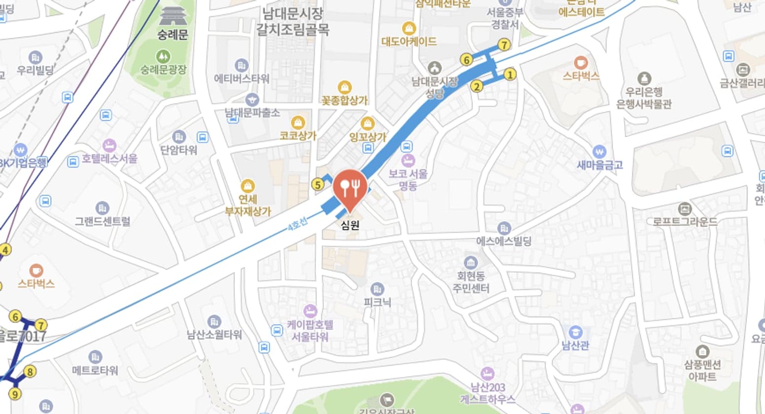 숭례문과 남대문시장 사이, 4호선 회현역 인근에 자리한 심원 위치 지도